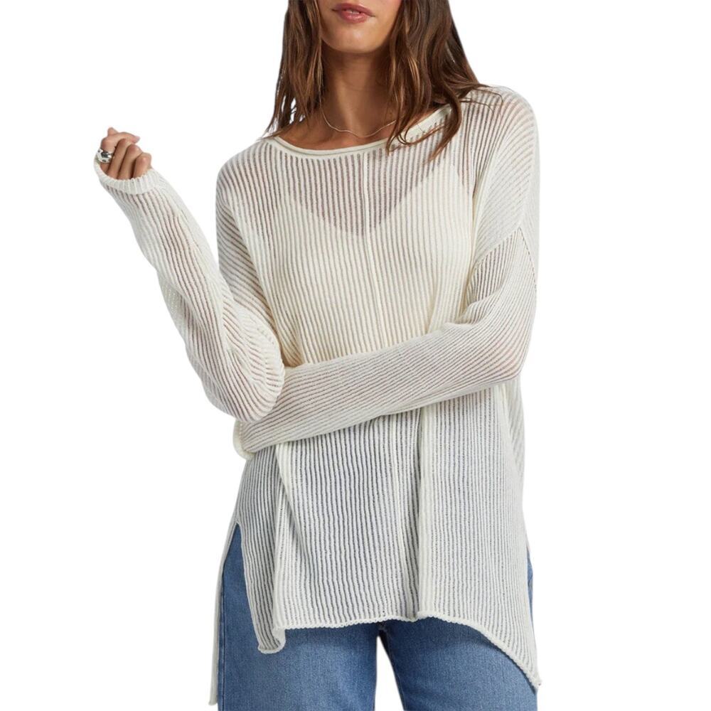 New Roxy Santa Monica Pullover Sweater White Open Knit Cotton High Low Size S